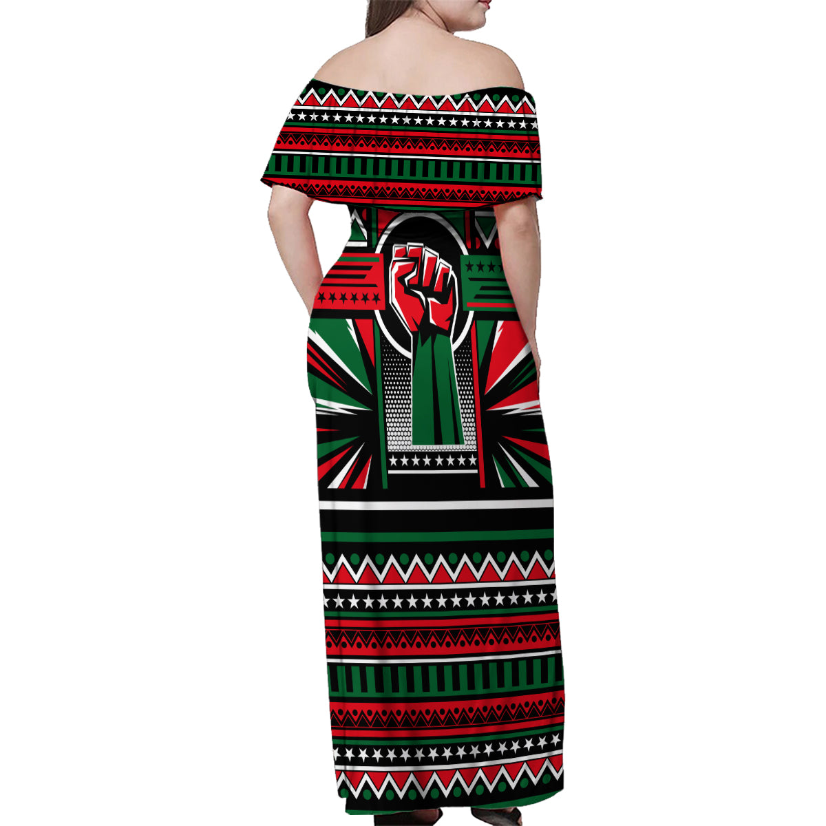 Power Fist And Patterns In Pan African Family Matching Off Shoulder Maxi Dress and Hawaiian Shirt - Wonder Print Shop