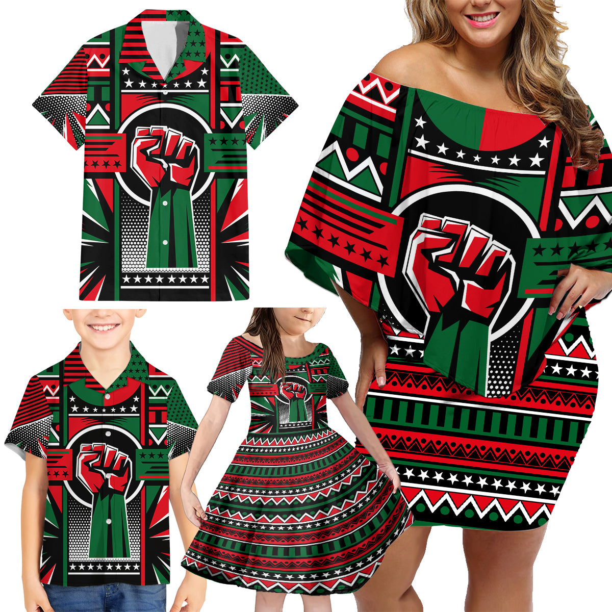 Power Fist And Patterns In Pan African Family Matching Off Shoulder Short Dress and Hawaiian Shirt - Wonder Print Shop