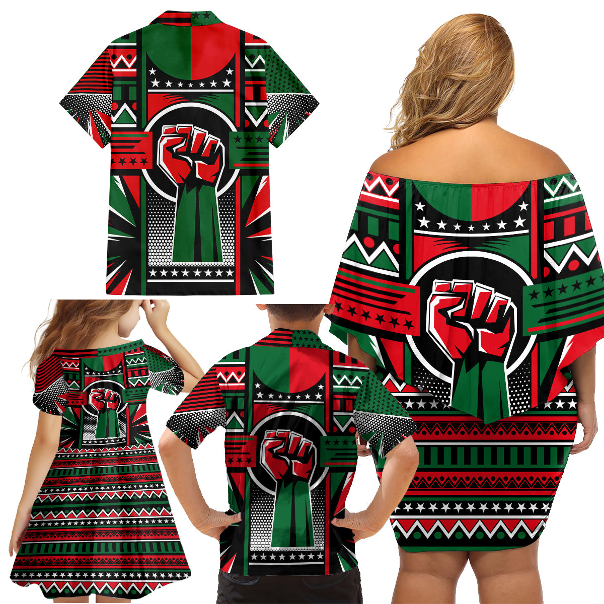 Power Fist And Patterns In Pan African Family Matching Off Shoulder Short Dress and Hawaiian Shirt - Wonder Print Shop