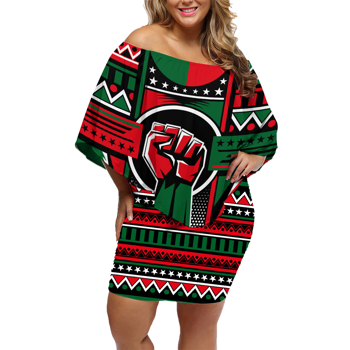 Power Fist And Patterns In Pan African Family Matching Off Shoulder Short Dress and Hawaiian Shirt - Wonder Print Shop