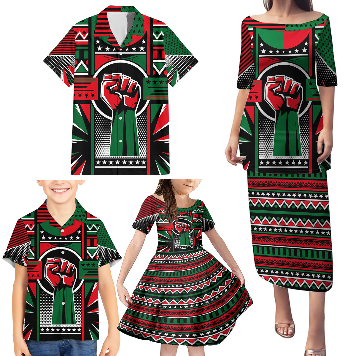 Power Fist And Patterns In Pan African Family Matching Puletasi and Hawaiian Shirt - Wonder Print Shop