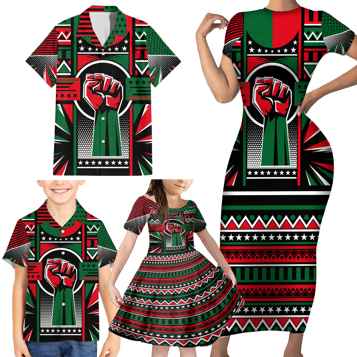 Power Fist And Patterns In Pan African Family Matching Short Sleeve Bodycon Dress and Hawaiian Shirt - Wonder Print Shop