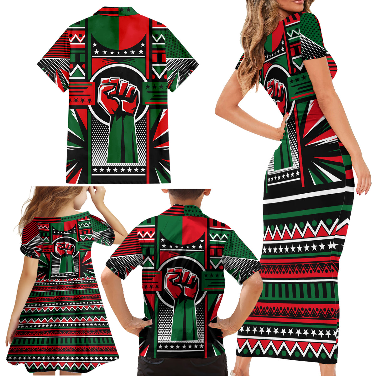 Power Fist And Patterns In Pan African Family Matching Short Sleeve Bodycon Dress and Hawaiian Shirt - Wonder Print Shop