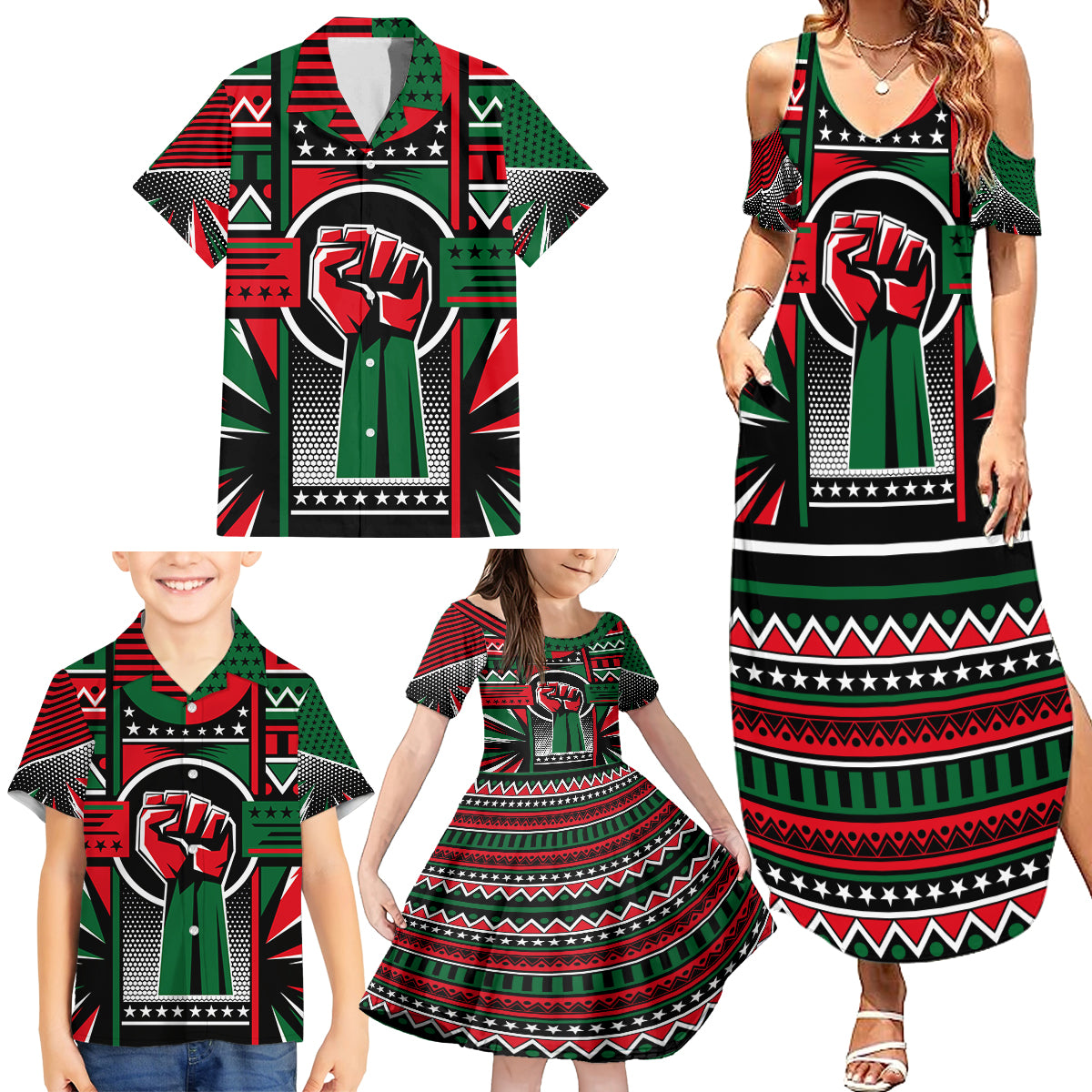 Power Fist And Patterns In Pan African Family Matching Summer Maxi Dress and Hawaiian Shirt - Wonder Print Shop