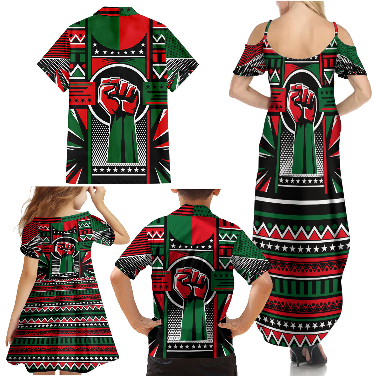 Power Fist And Patterns In Pan African Family Matching Summer Maxi Dress and Hawaiian Shirt - Wonder Print Shop
