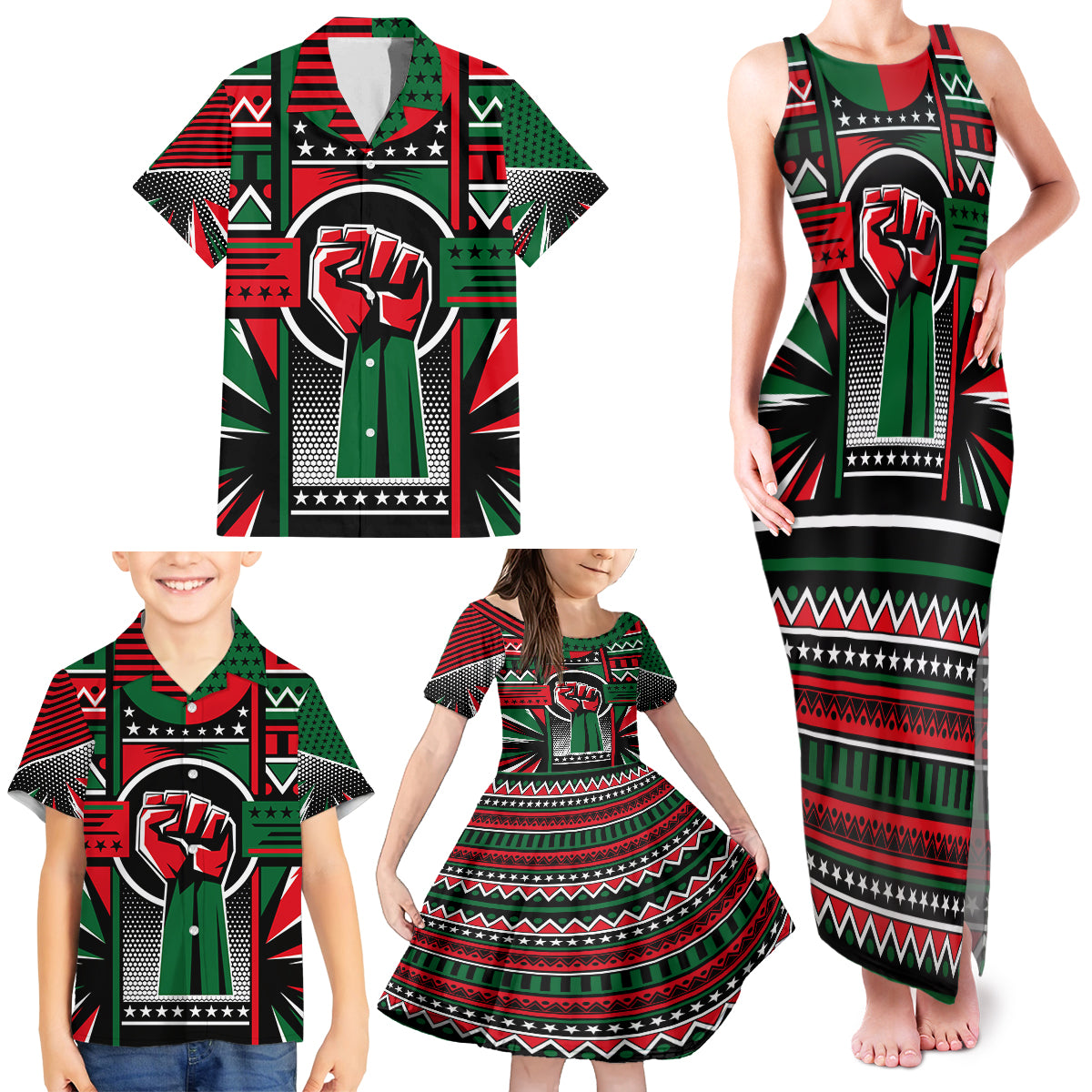 Power Fist And Patterns In Pan African Family Matching Tank Maxi Dress and Hawaiian Shirt - Wonder Print Shop