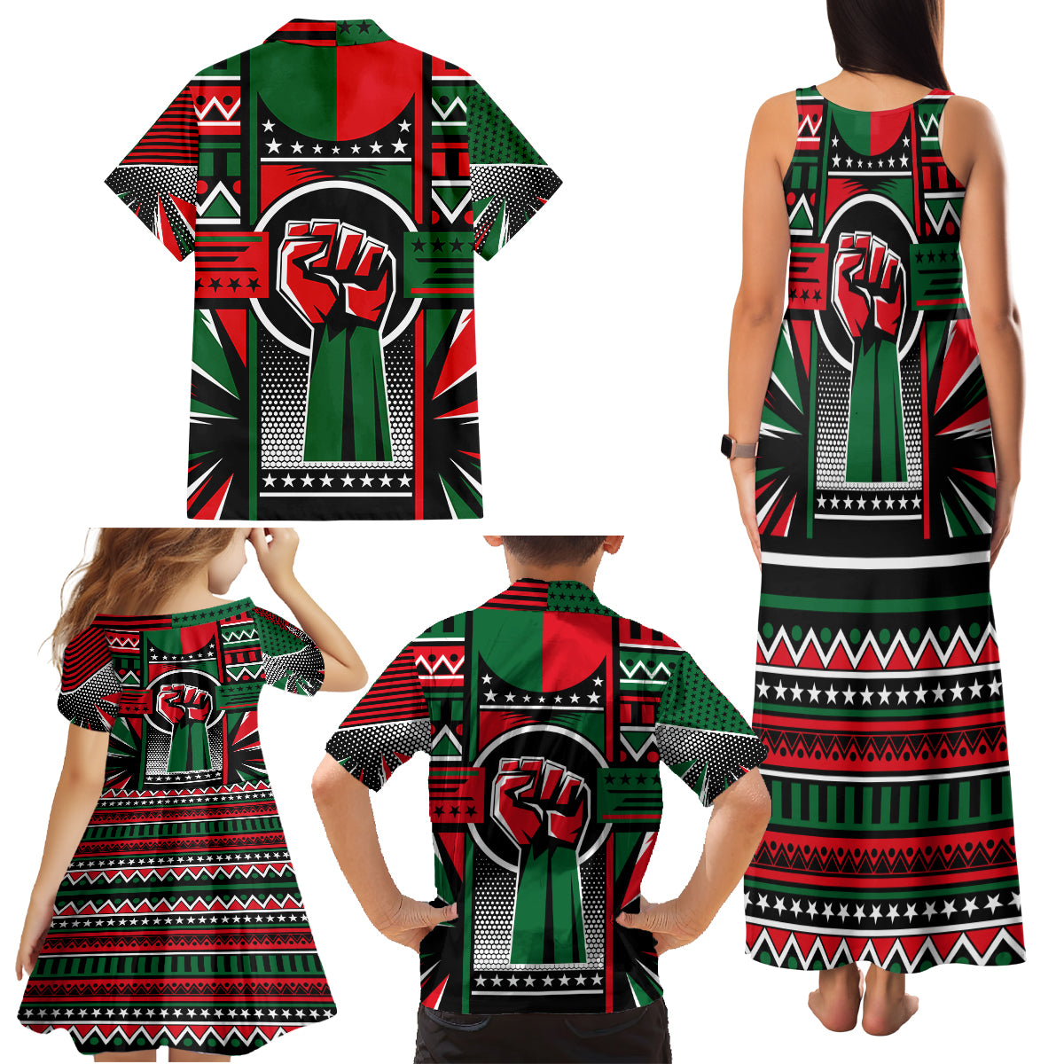 Power Fist And Patterns In Pan African Family Matching Tank Maxi Dress and Hawaiian Shirt - Wonder Print Shop