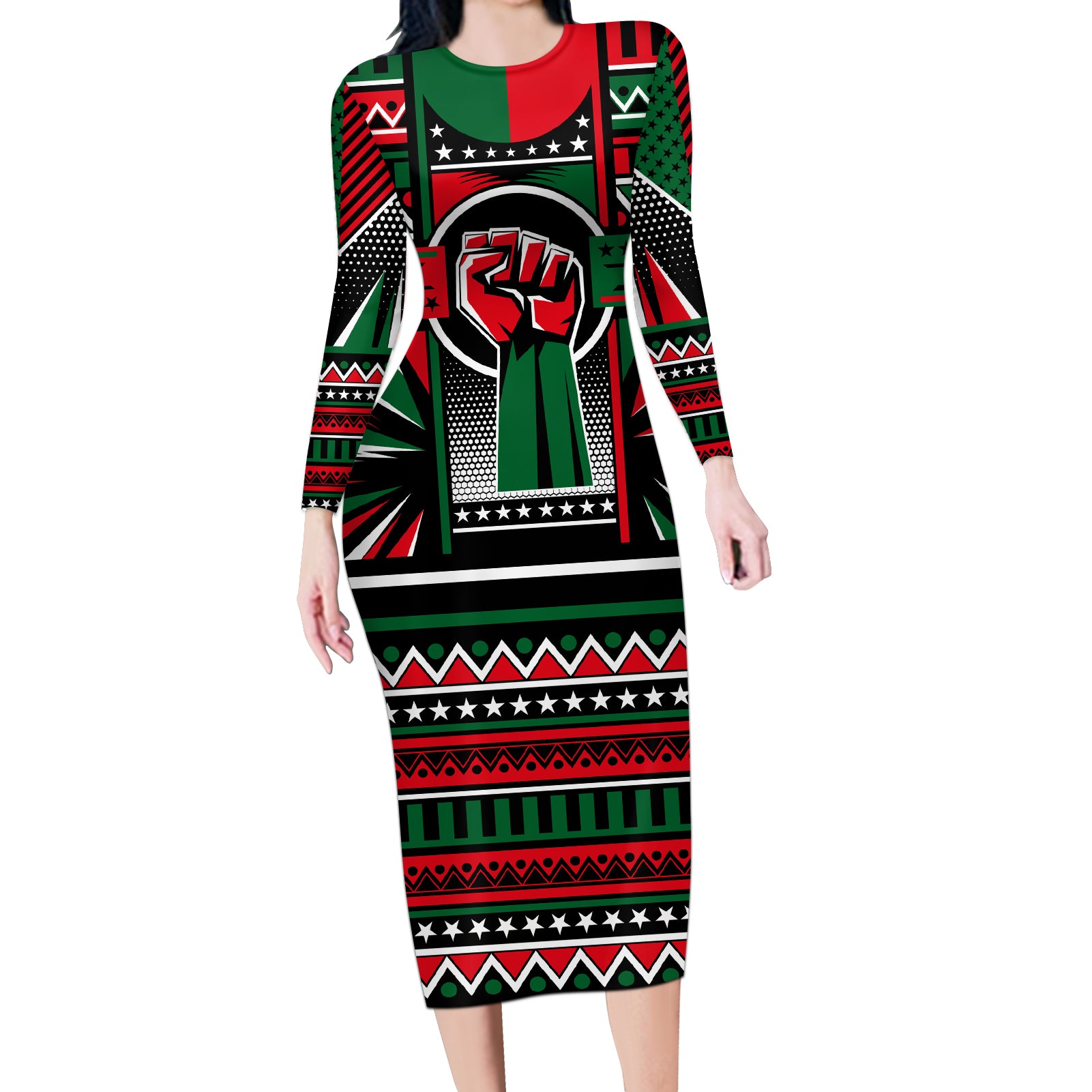 Power Fist And Patterns In Pan African Long Sleeve Bodycon Dress - Wonder Print Shop