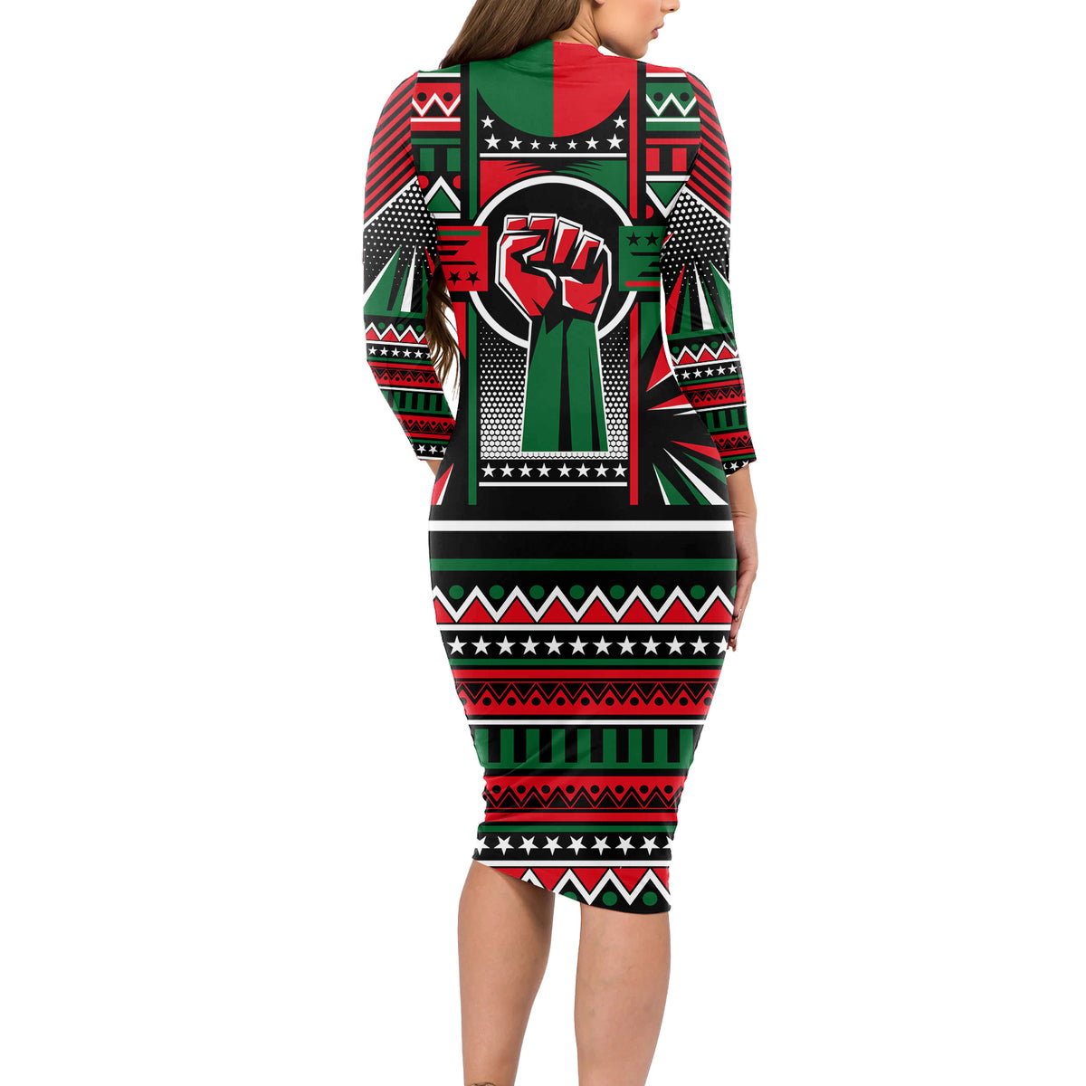 Power Fist And Patterns In Pan African Long Sleeve Bodycon Dress - Wonder Print Shop