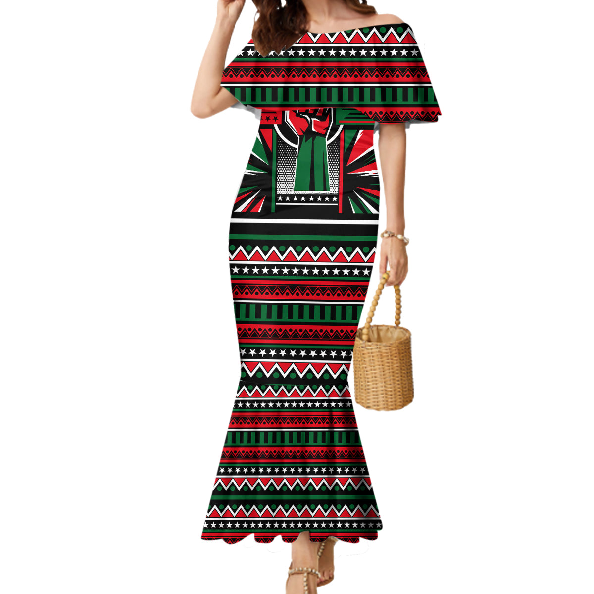 Power Fist And Patterns In Pan African Mermaid Dress - Wonder Print Shop