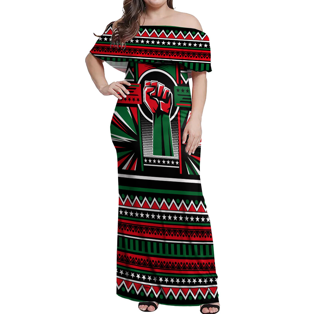 Power Fist And Patterns In Pan African Off Shoulder Maxi Dress - Wonder Print Shop