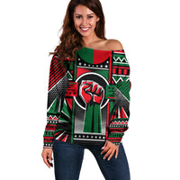 Power Fist And Patterns In Pan African Off Shoulder Sweater - Wonder Print Shop