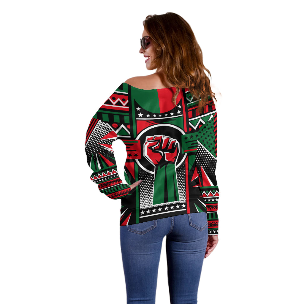 Power Fist And Patterns In Pan African Off Shoulder Sweater - Wonder Print Shop