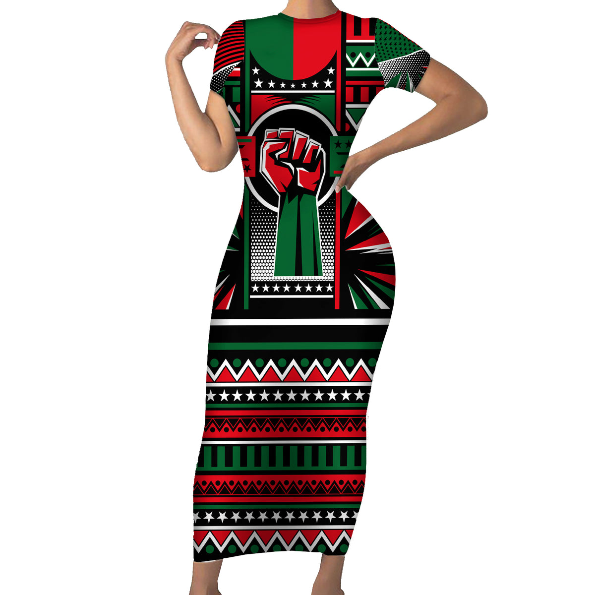 Power Fist And Patterns In Pan African Short Sleeve Bodycon Dress - Wonder Print Shop