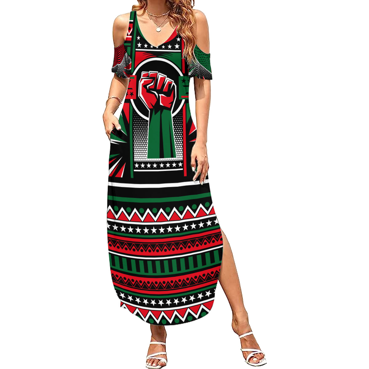 Power Fist And Patterns In Pan African Summer Maxi Dress - Wonder Print Shop