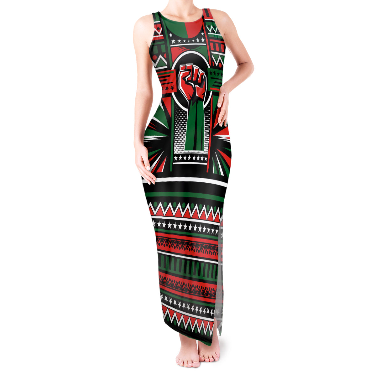Power Fist And Patterns In Pan African Tank Maxi Dress - Wonder Print Shop