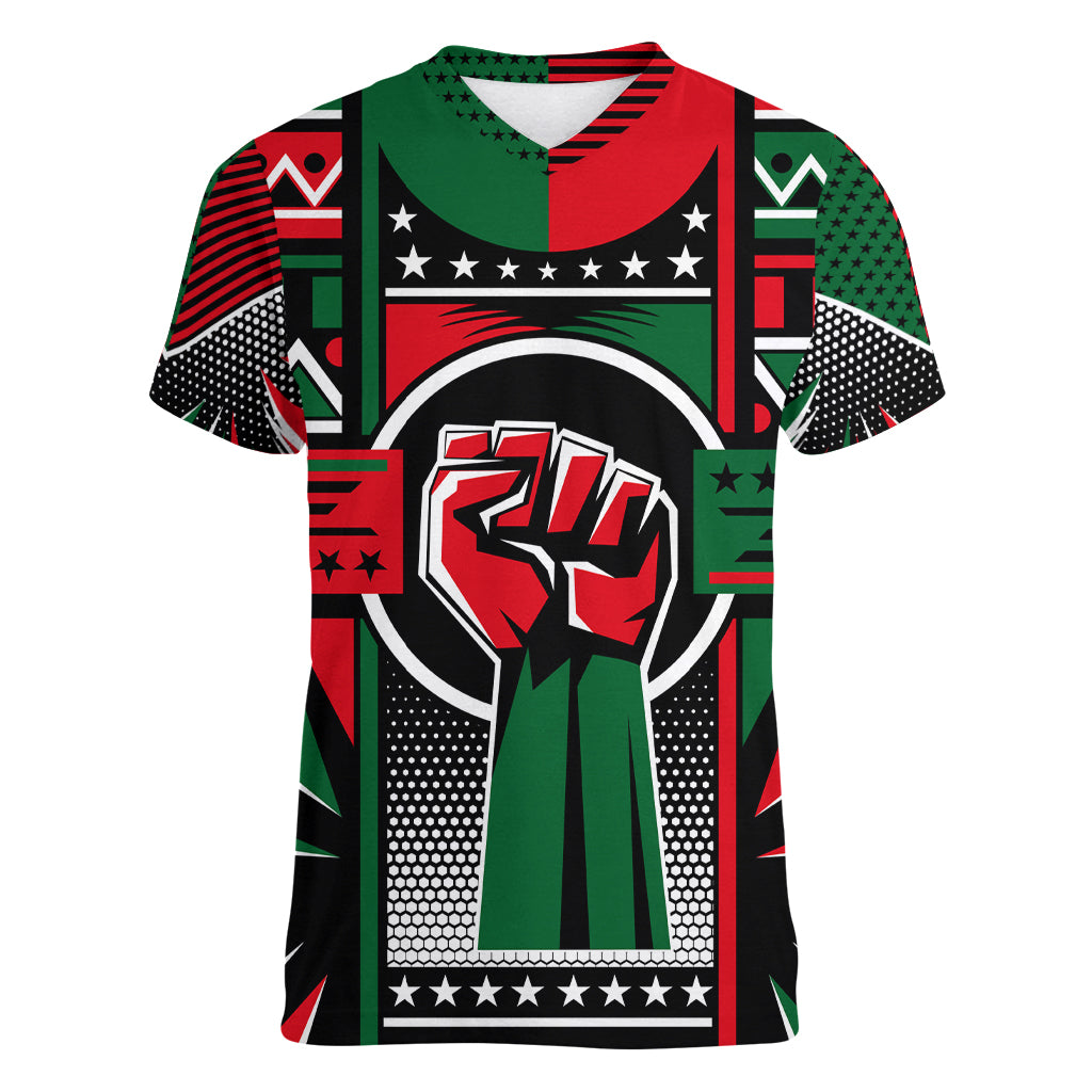 Power Fist And Patterns In Pan African Women V Neck T Shirt - Wonder Print Shop