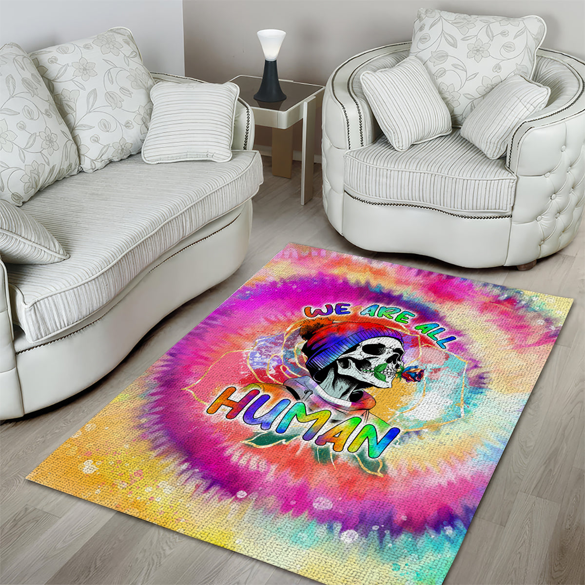 We Are All Human LGBT Area Rug Skull Tie Dye - Wonder Print Shop