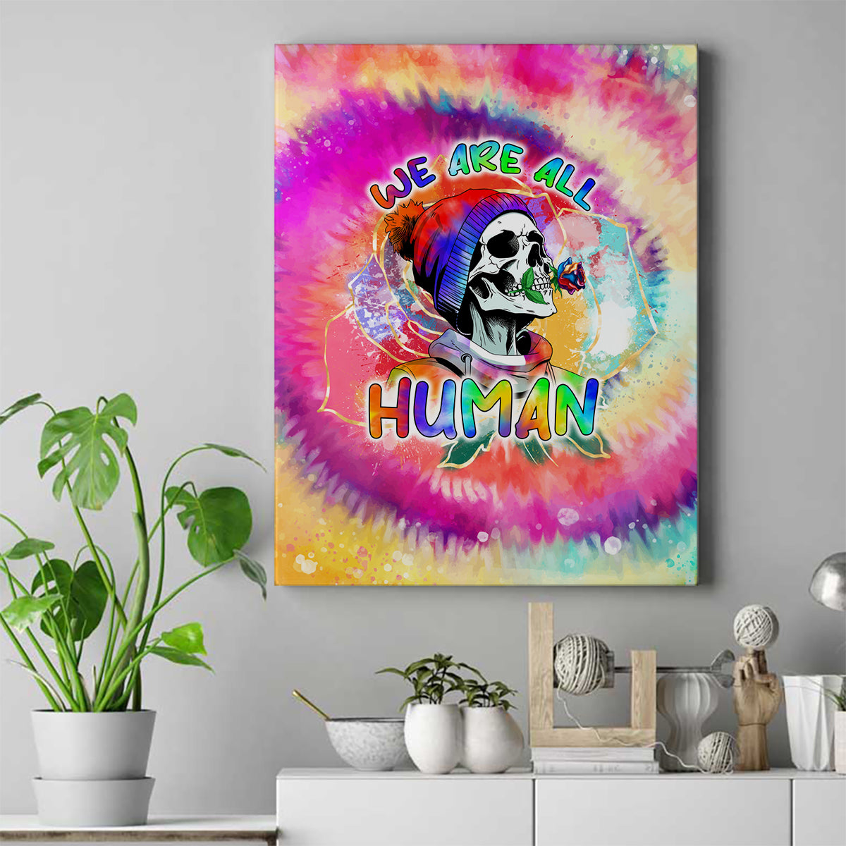 We Are All Human LGBT Canvas Wall Art Skull Tie Dye - Wonder Print Shop