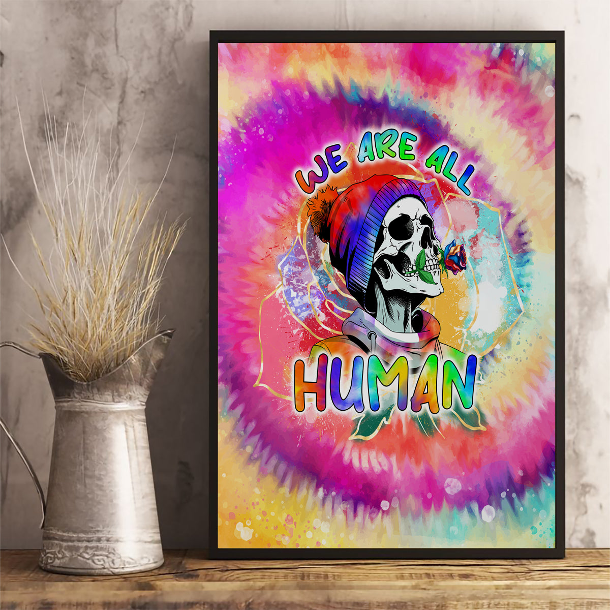 We Are All Human LGBT Canvas Wall Art Skull Tie Dye - Wonder Print Shop