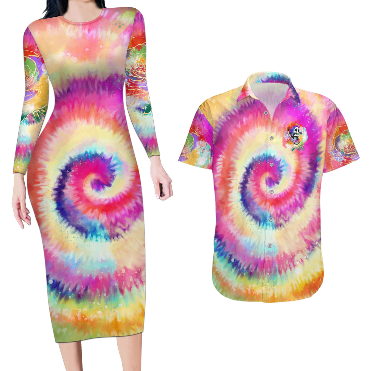 We Are All Human LGBT Couples Matching Long Sleeve Bodycon Dress and Hawaiian Shirt Skull Tie Dye - Wonder Print Shop