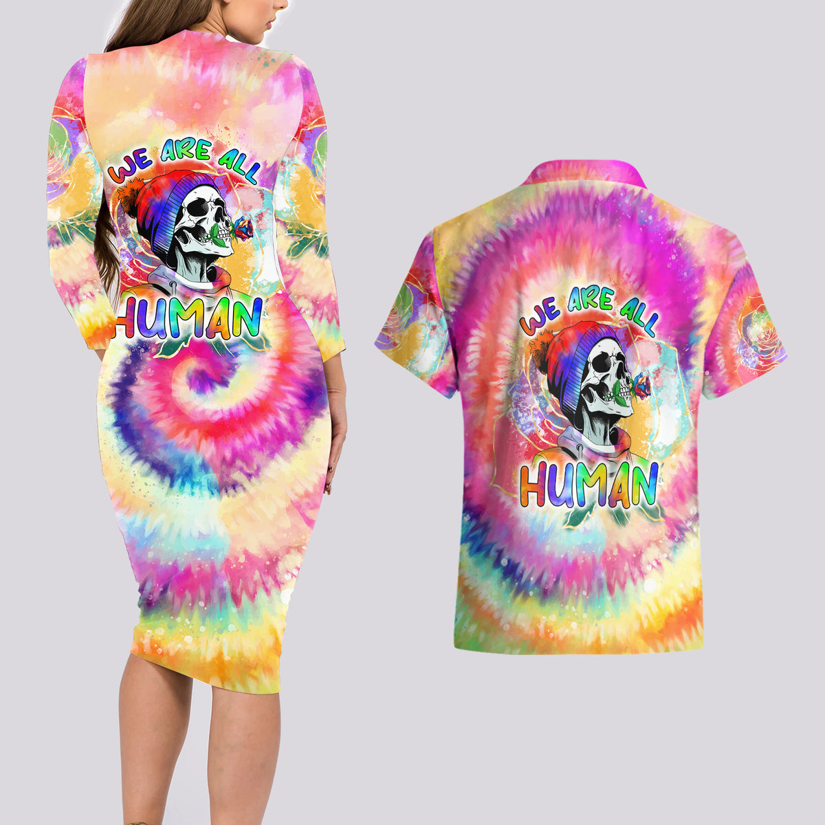 We Are All Human LGBT Couples Matching Long Sleeve Bodycon Dress and Hawaiian Shirt Skull Tie Dye - Wonder Print Shop