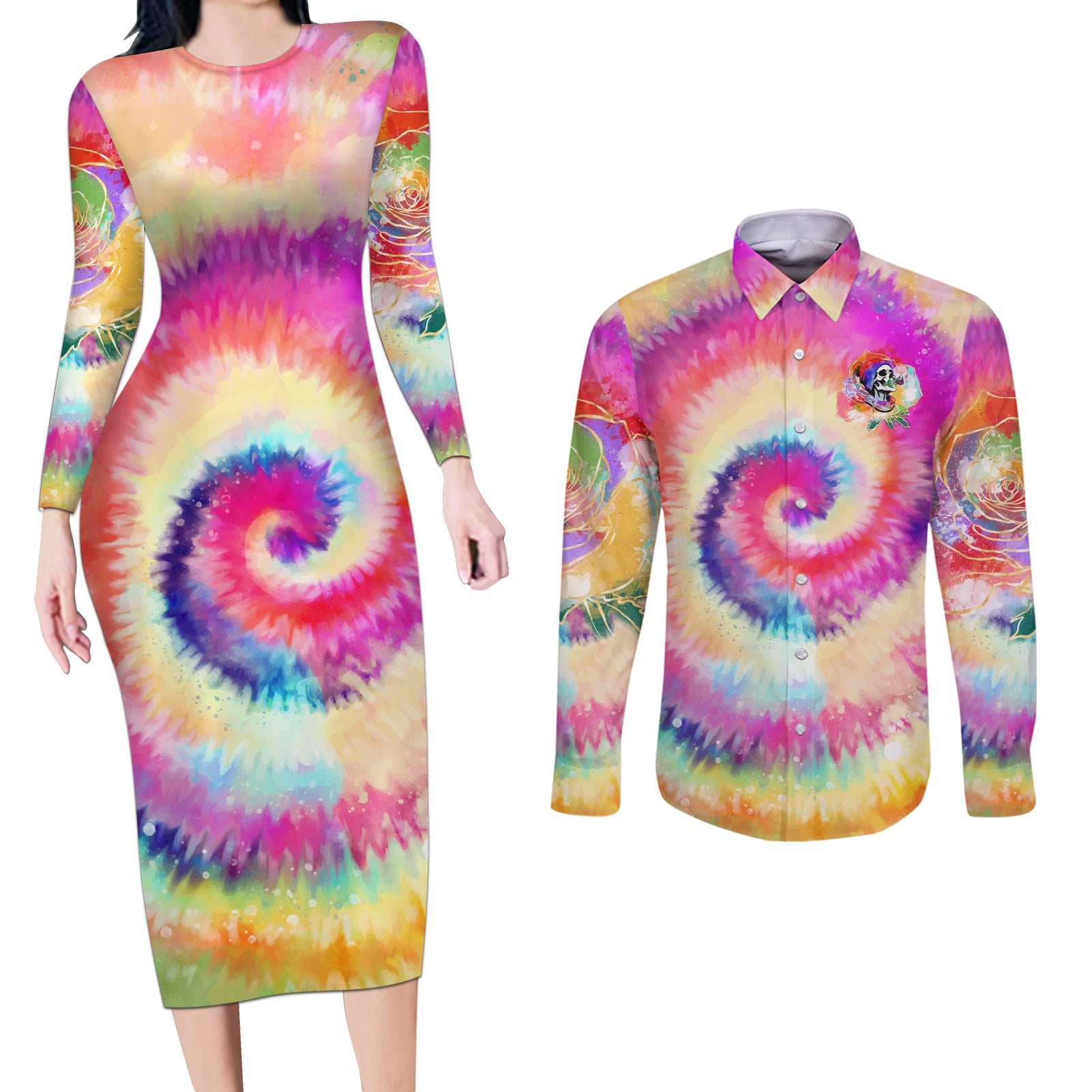We Are All Human LGBT Couples Matching Long Sleeve Bodycon Dress and Long Sleeve Button Shirt Skull Tie Dye - Wonder Print Shop