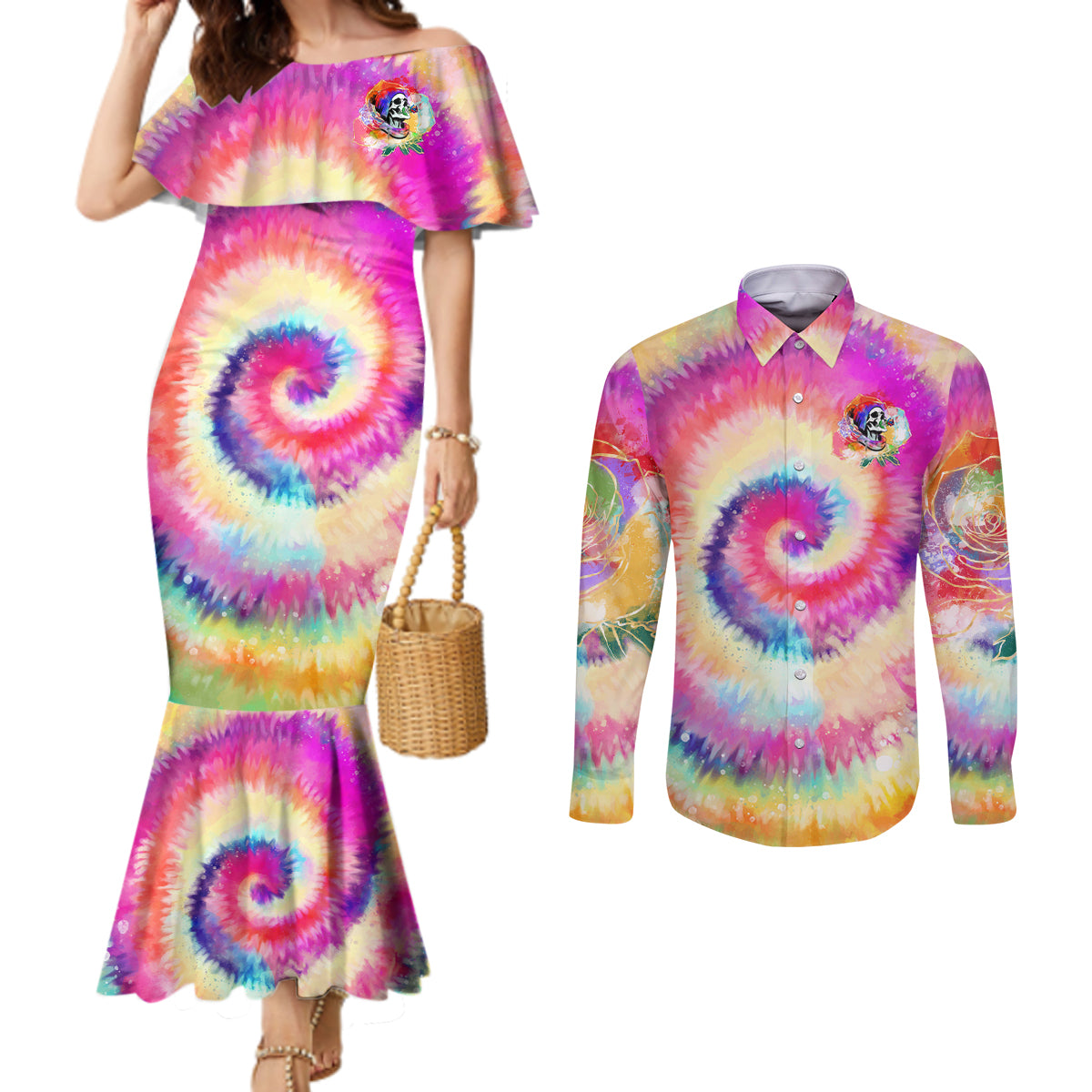 we-are-all-human-lgbt-couples-matching-mermaid-dress-and-long-sleeve-button-shirt-skull-tie-dye
