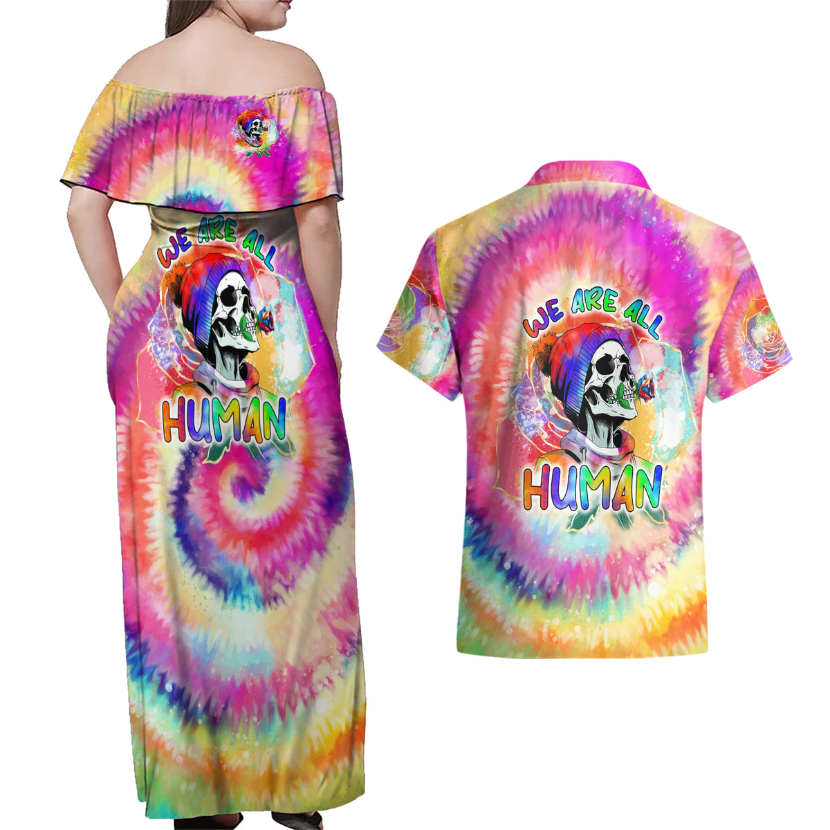 We Are All Human LGBT Couples Matching Off Shoulder Maxi Dress and Hawaiian Shirt Skull Tie Dye - Wonder Print Shop