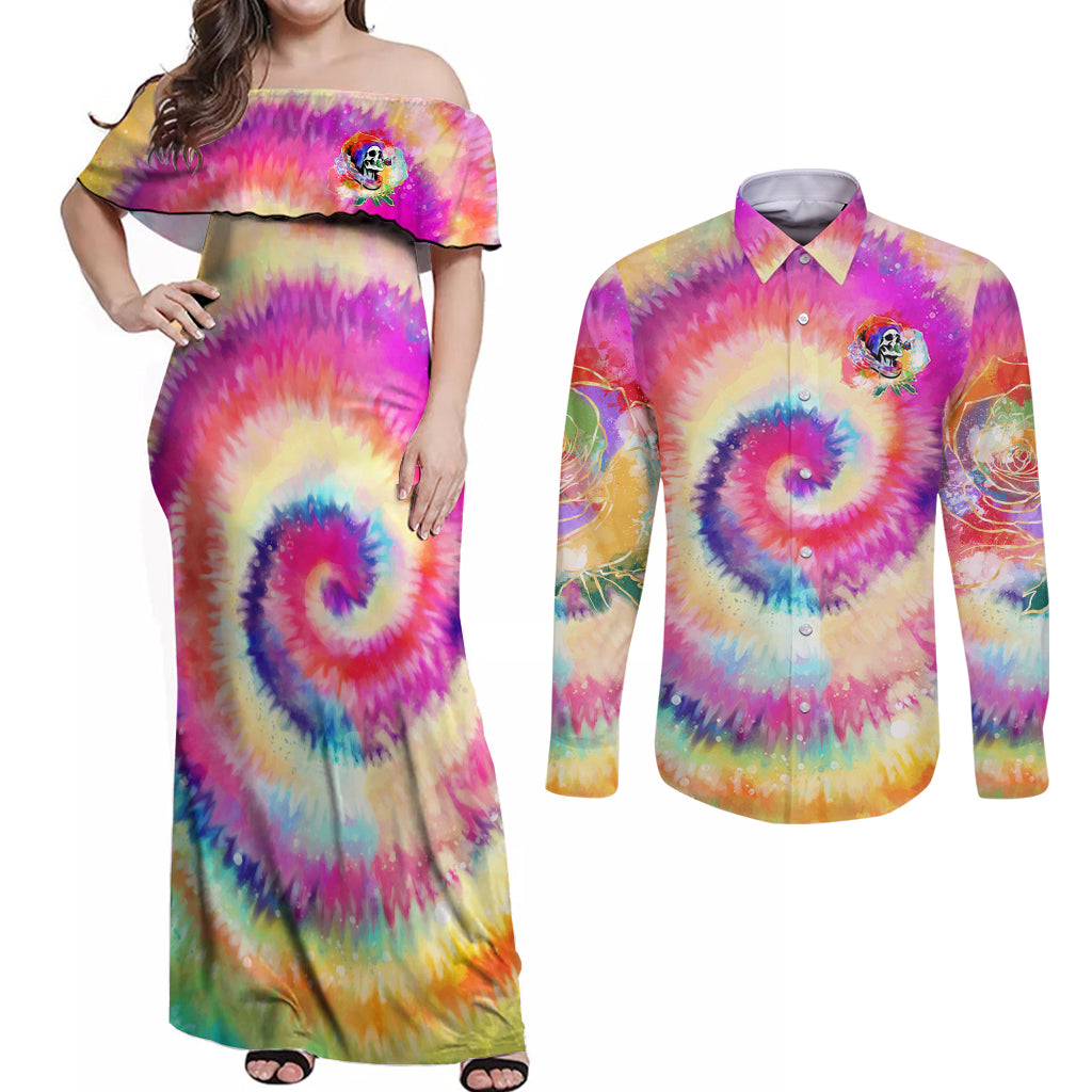 We Are All Human LGBT Couples Matching Off Shoulder Maxi Dress and Long Sleeve Button Shirt Skull Tie Dye - Wonder Print Shop