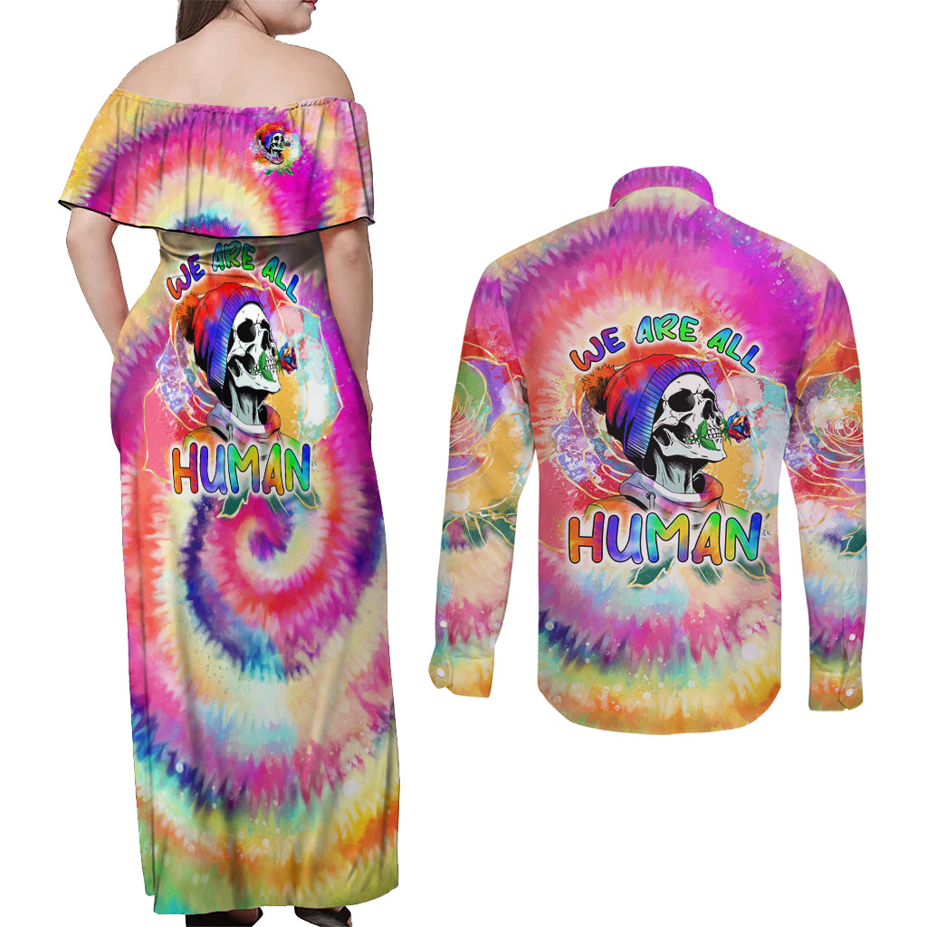 We Are All Human LGBT Couples Matching Off Shoulder Maxi Dress and Long Sleeve Button Shirt Skull Tie Dye - Wonder Print Shop
