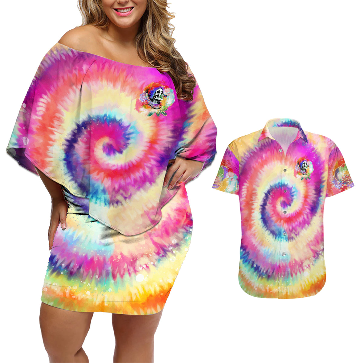 We Are All Human LGBT Couples Matching Off Shoulder Short Dress and Hawaiian Shirt Skull Tie Dye - Wonder Print Shop