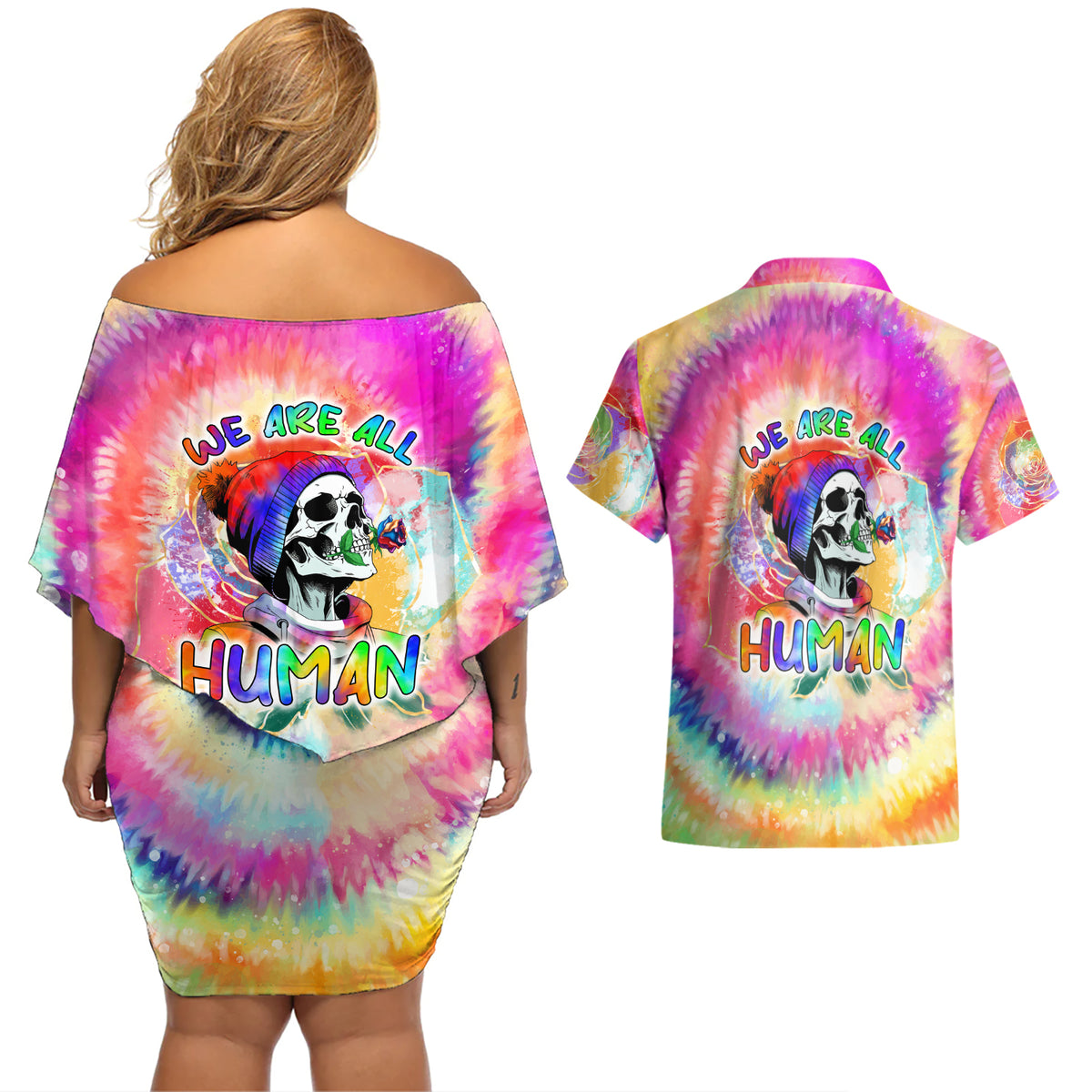 We Are All Human LGBT Couples Matching Off Shoulder Short Dress and Hawaiian Shirt Skull Tie Dye - Wonder Print Shop