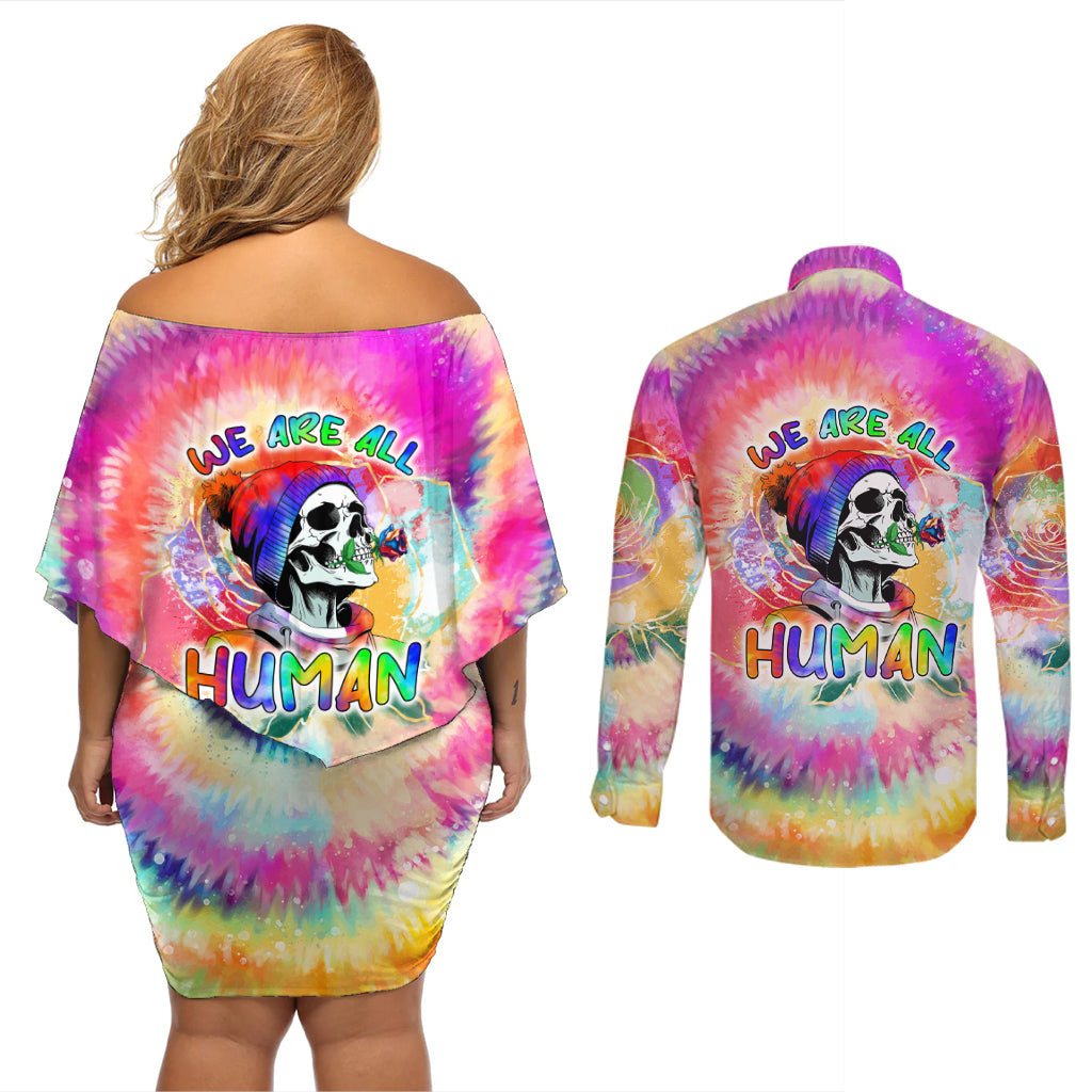We Are All Human LGBT Couples Matching Off Shoulder Short Dress and Long Sleeve Button Shirt Skull Tie Dye - Wonder Print Shop