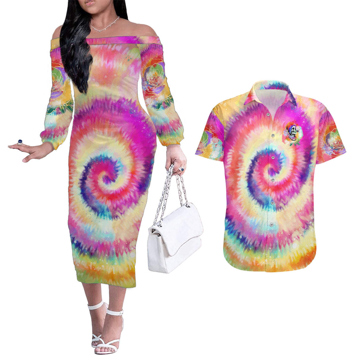 We Are All Human LGBT Couples Matching Off The Shoulder Long Sleeve Dress and Hawaiian Shirt Skull Tie Dye - Wonder Print Shop