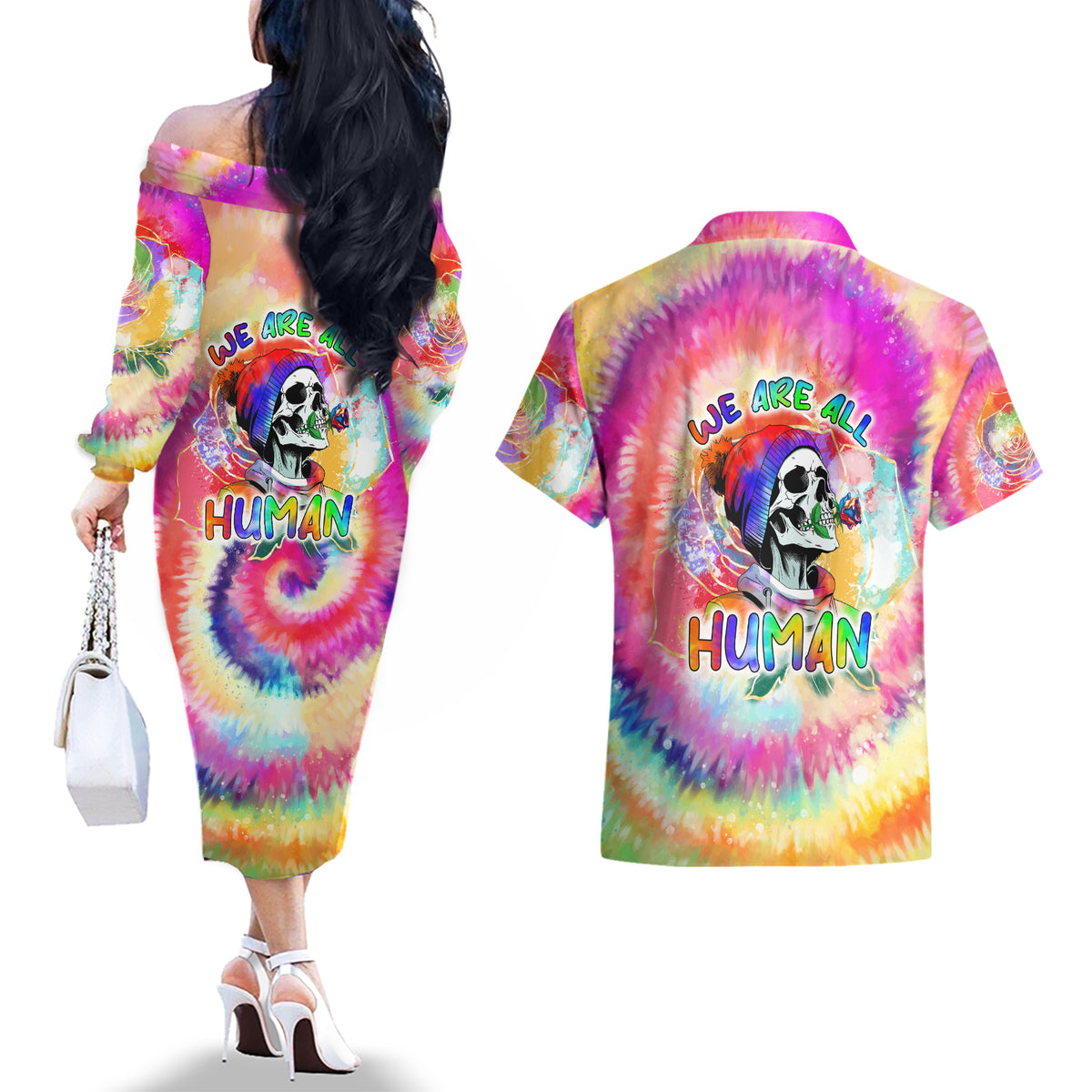 We Are All Human LGBT Couples Matching Off The Shoulder Long Sleeve Dress and Hawaiian Shirt Skull Tie Dye - Wonder Print Shop