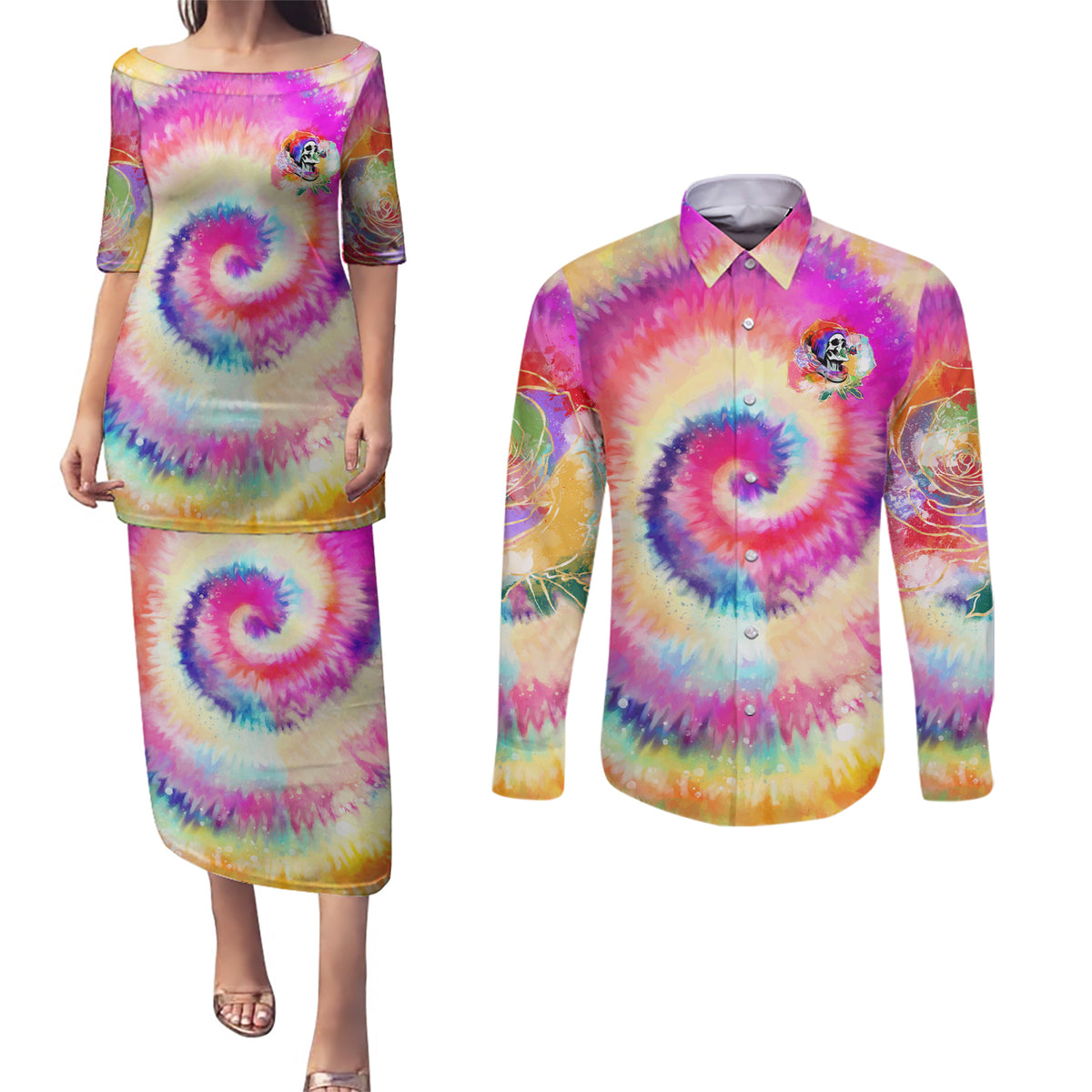 We Are All Human LGBT Couples Matching Puletasi Dress and Long Sleeve Button Shirt Skull Tie Dye - Wonder Print Shop