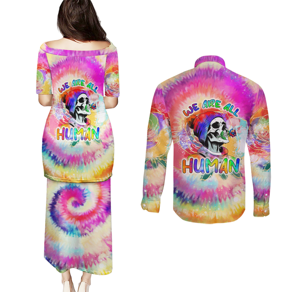 We Are All Human LGBT Couples Matching Puletasi Dress and Long Sleeve Button Shirt Skull Tie Dye - Wonder Print Shop