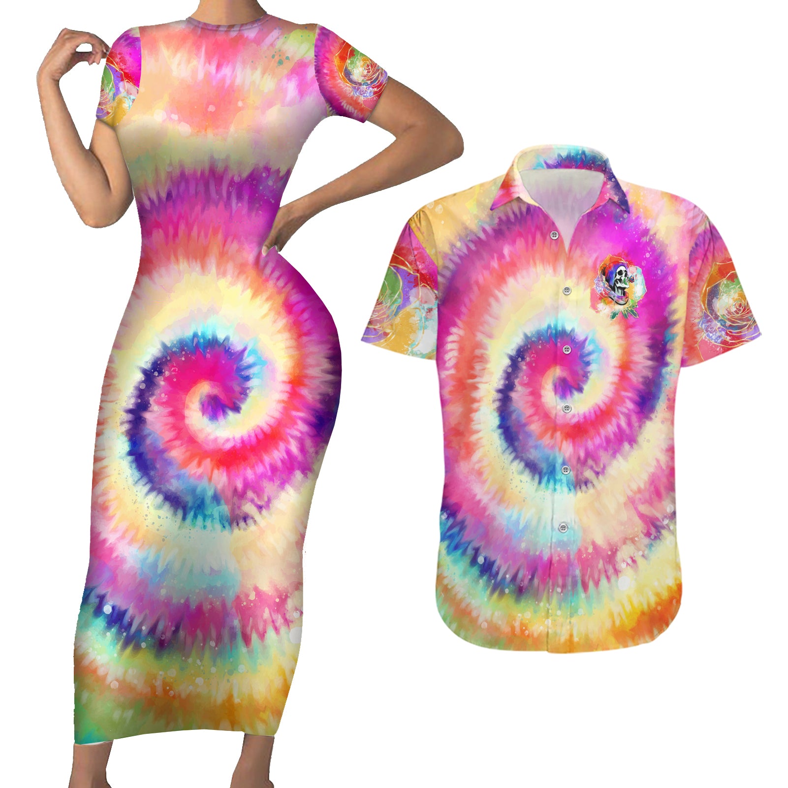 We Are All Human LGBT Couples Matching Short Sleeve Bodycon Dress and Hawaiian Shirt Skull Tie Dye - Wonder Print Shop