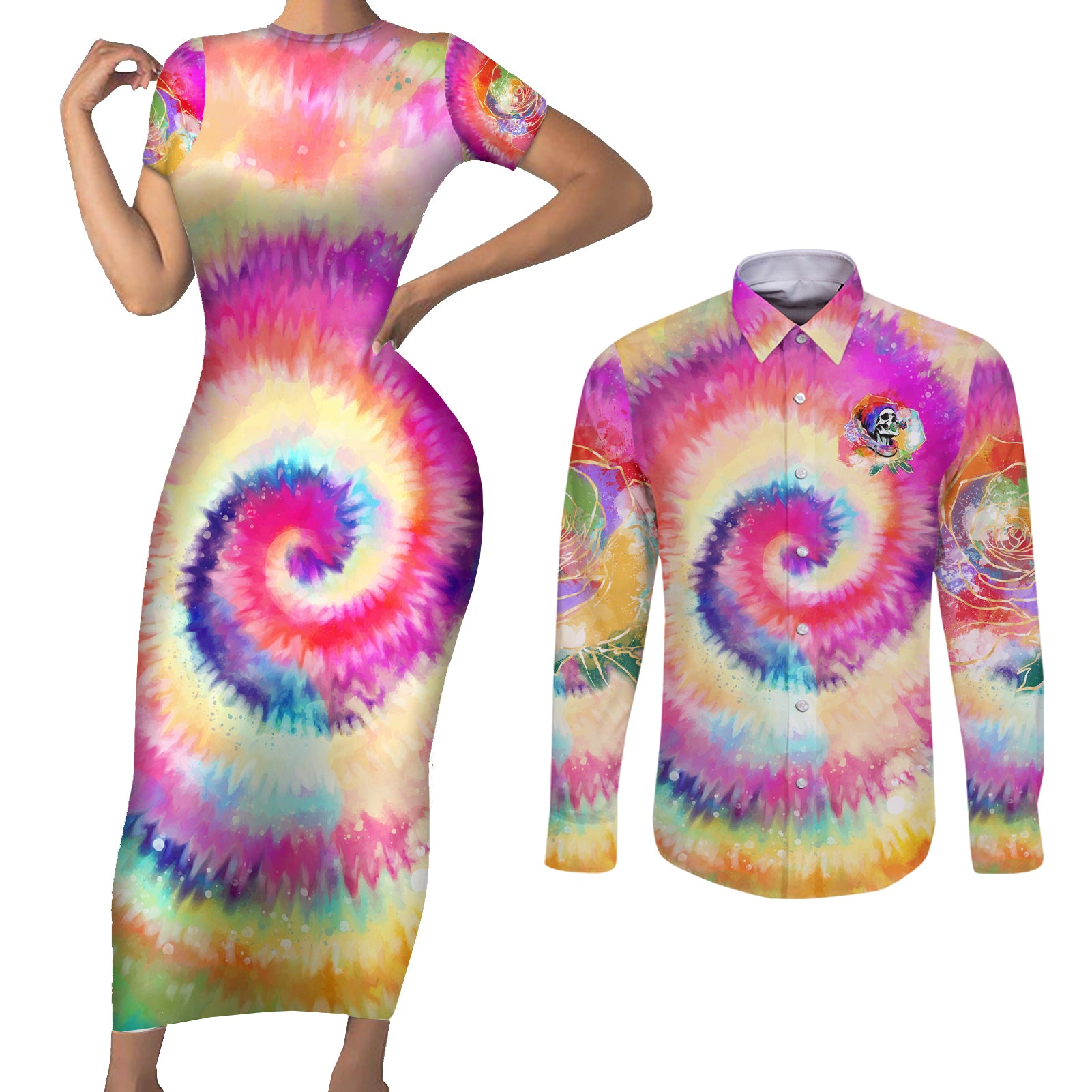 We Are All Human LGBT Couples Matching Short Sleeve Bodycon Dress and Long Sleeve Button Shirt Skull Tie Dye - Wonder Print Shop