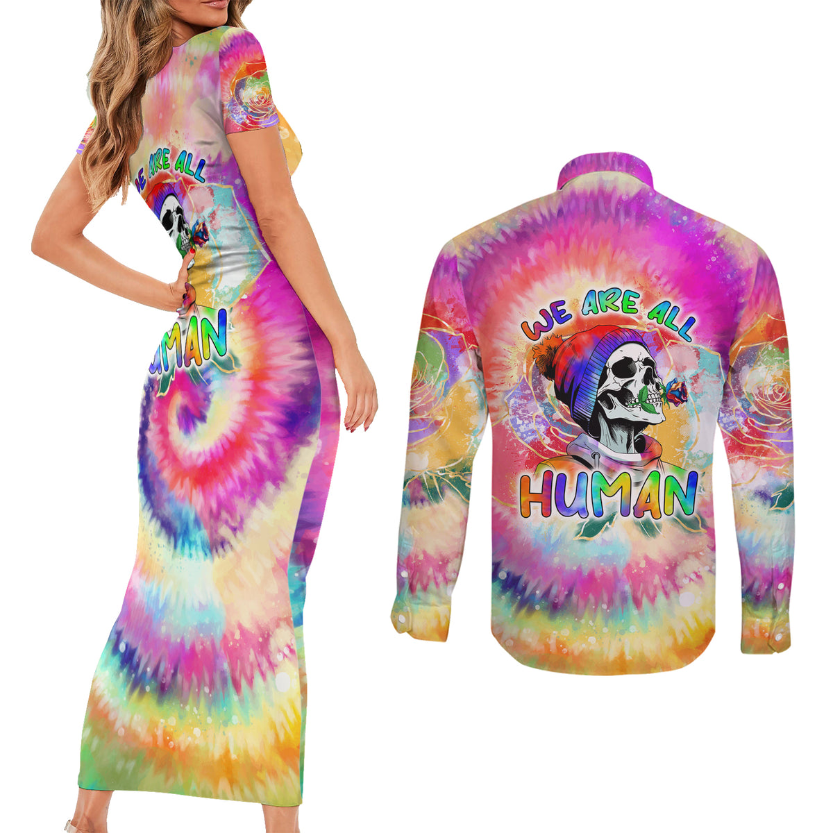 We Are All Human LGBT Couples Matching Short Sleeve Bodycon Dress and Long Sleeve Button Shirt Skull Tie Dye - Wonder Print Shop