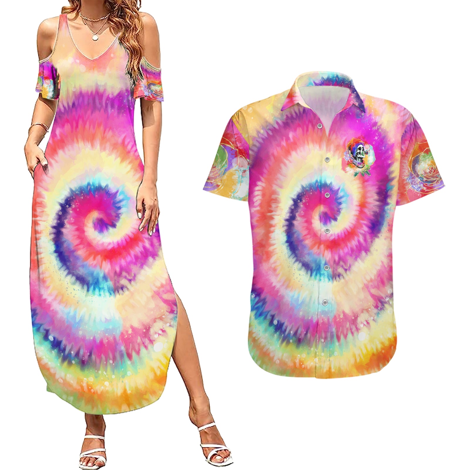 We Are All Human LGBT Couples Matching Summer Maxi Dress and Hawaiian Shirt Skull Tie Dye - Wonder Print Shop