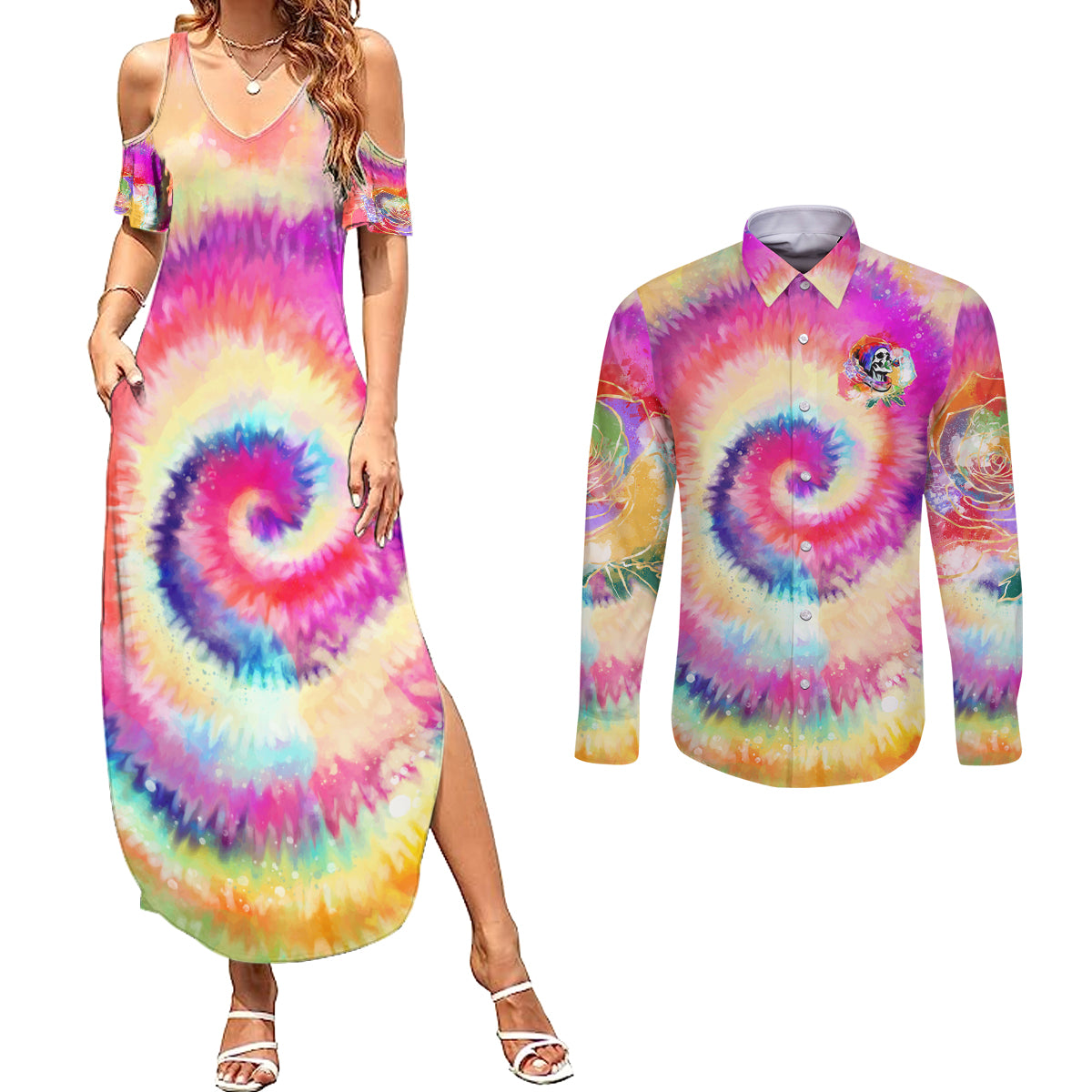 We Are All Human LGBT Couples Matching Summer Maxi Dress and Long Sleeve Button Shirt Skull Tie Dye - Wonder Print Shop