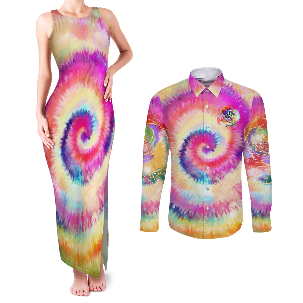 We Are All Human LGBT Couples Matching Tank Maxi Dress and Long Sleeve Button Shirt Skull Tie Dye - Wonder Print Shop