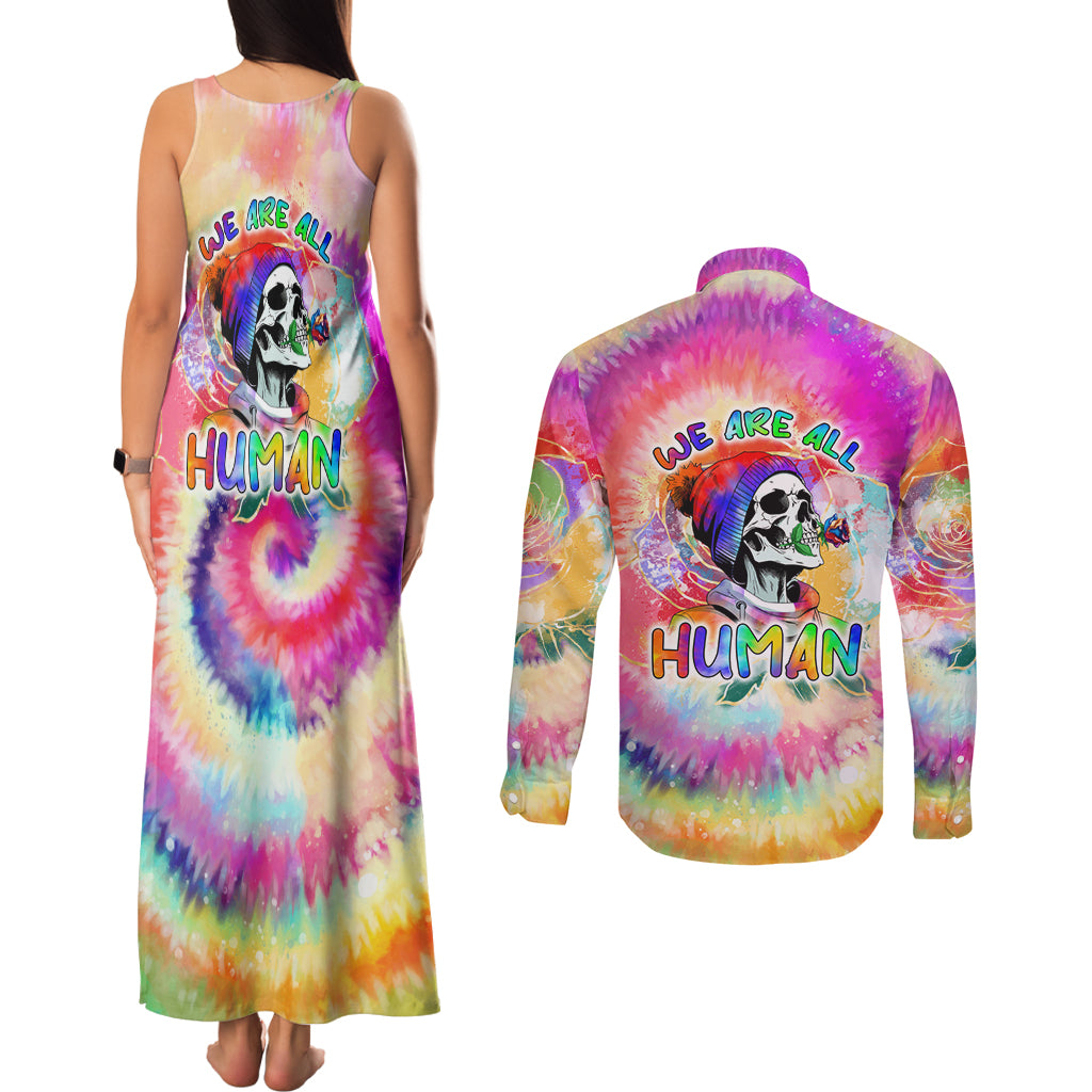 We Are All Human LGBT Couples Matching Tank Maxi Dress and Long Sleeve Button Shirt Skull Tie Dye - Wonder Print Shop