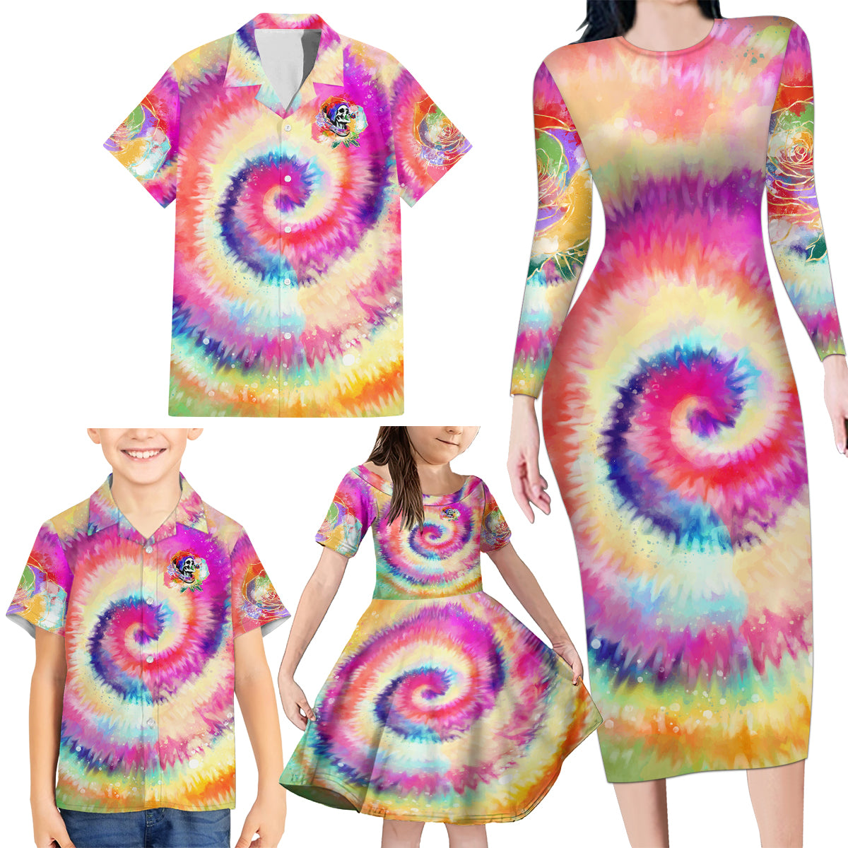 We Are All Human LGBT Family Matching Long Sleeve Bodycon Dress and Hawaiian Shirt Skull Tie Dye - Wonder Print Shop