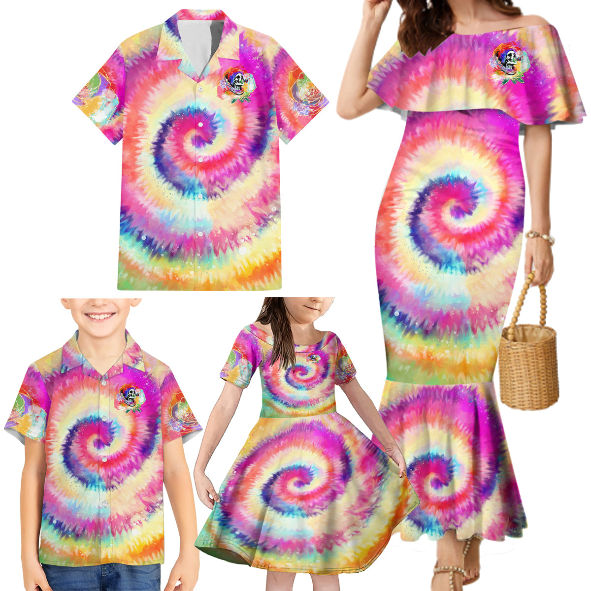 We Are All Human LGBT Family Matching Mermaid Dress and Hawaiian Shirt Skull Tie Dye - Wonder Print Shop