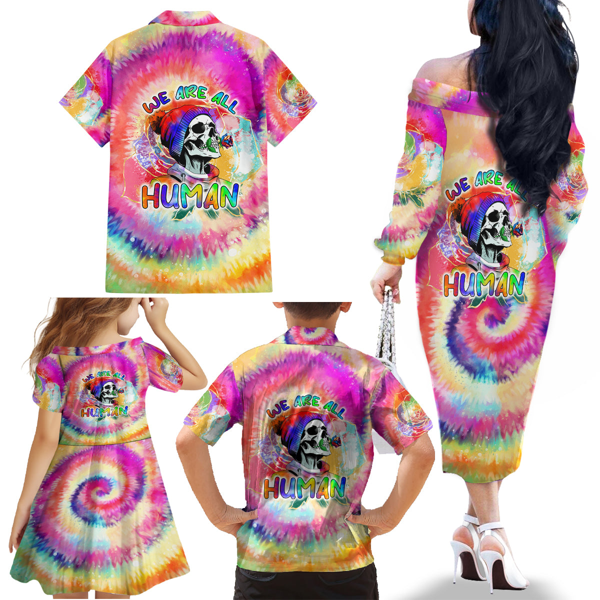 We Are All Human LGBT Family Matching Off Shoulder Long Sleeve Dress and Hawaiian Shirt Skull Tie Dye - Wonder Print Shop