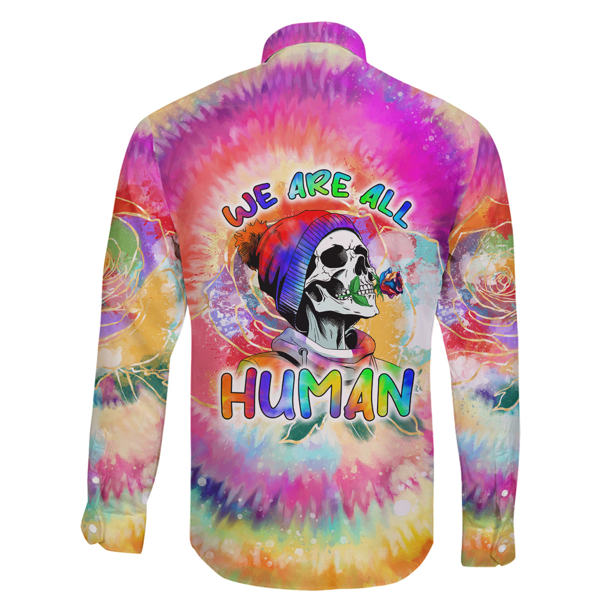 We Are All Human LGBT Family Matching Off Shoulder Long Sleeve Dress and Hawaiian Shirt Skull Tie Dye - Wonder Print Shop