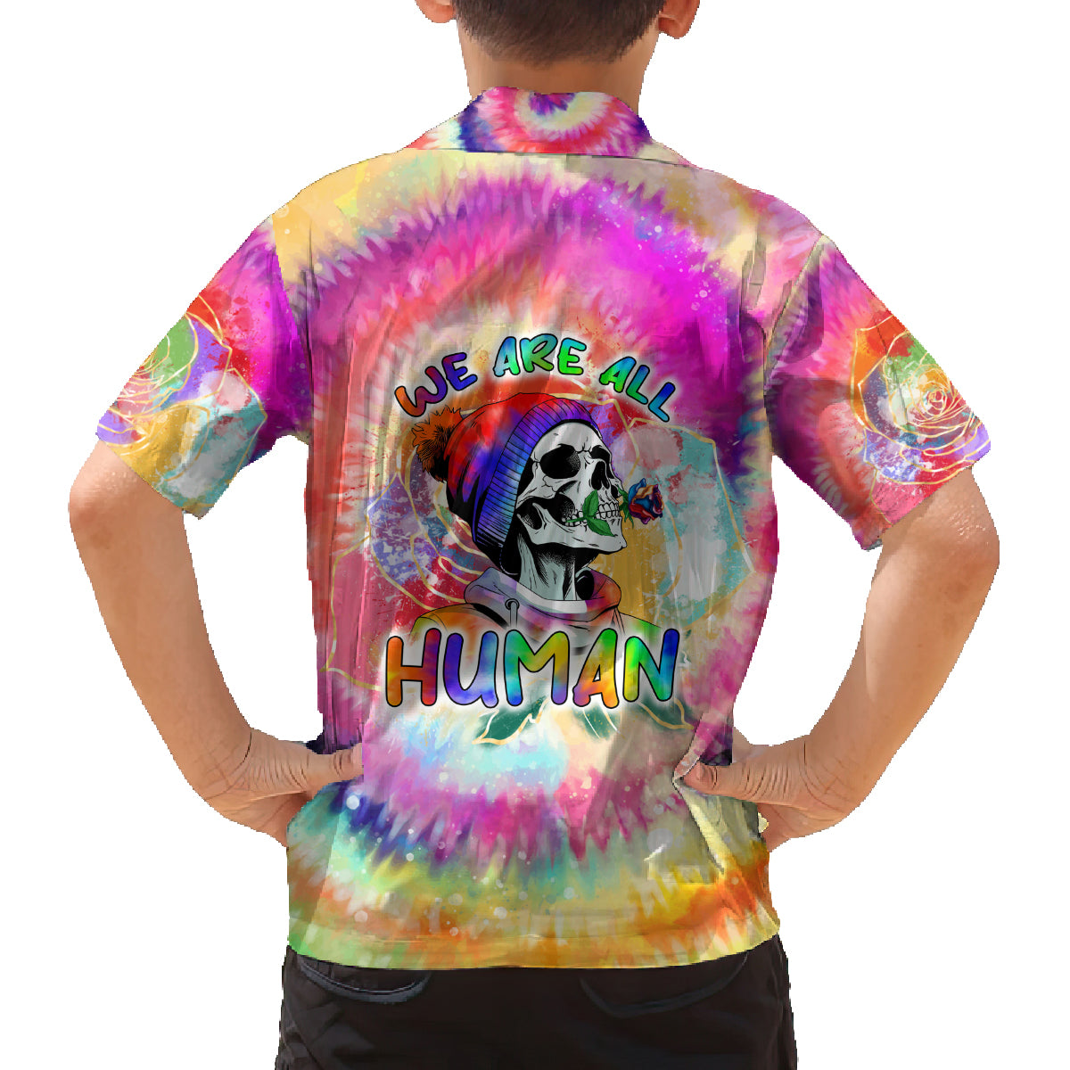 We Are All Human LGBT Family Matching Off Shoulder Maxi Dress and Hawaiian Shirt Skull Tie Dye - Wonder Print Shop
